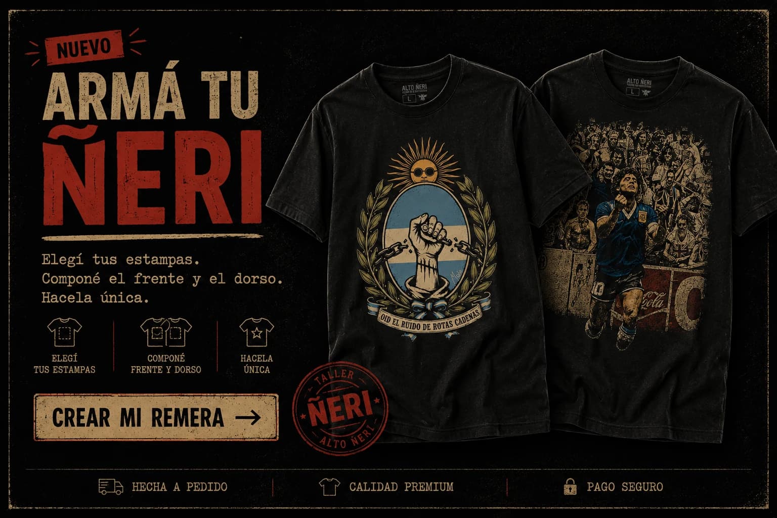 Taller Ñeri — Armá tu Ñeri. Elegí tus estampas, componé el frente y el dorso y hacela única.